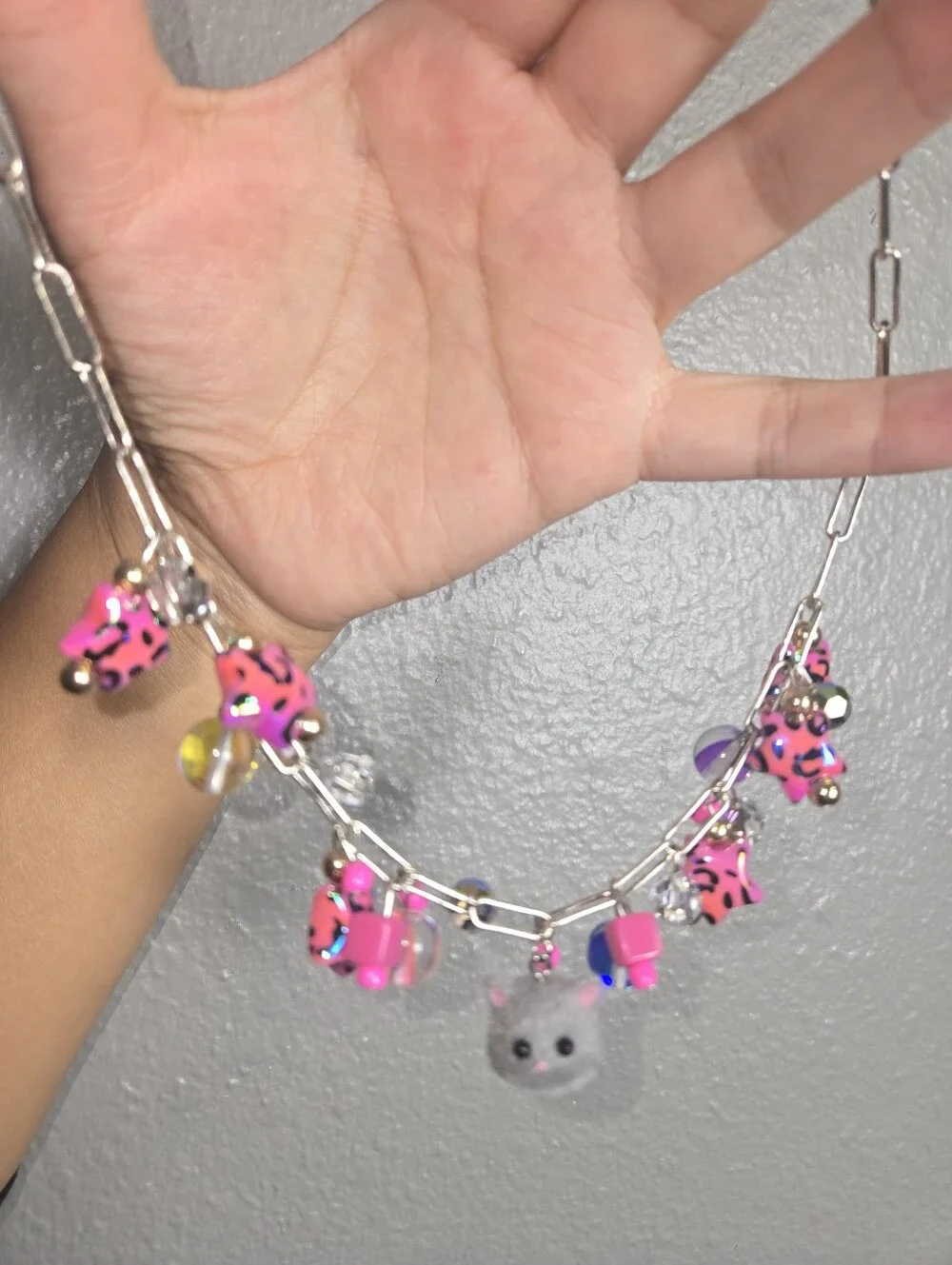 Pink Leopard Charm Necklace with Gray Cat Pendant
